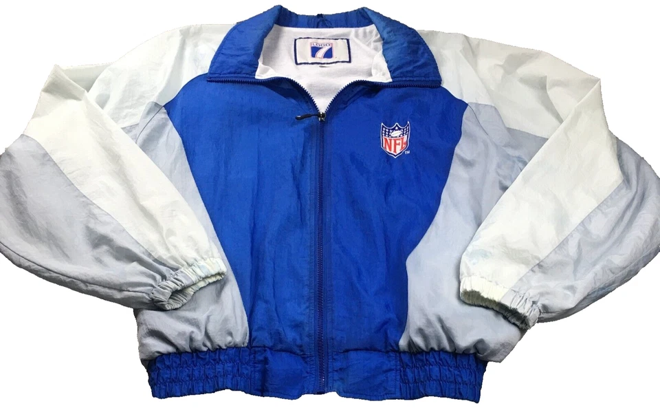 VTG NFL Logo 7 Mens Jacket Sz M Logo Blue White Embroidered Full Zip Long Sleeve - Image 1 of 4