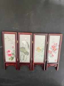 Schermo da tavolo pieghevole orientale vintage 4 pannelli 2 lati - Foto 1 di 3