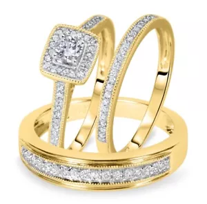 Wedding Trio Ring Set 2 Ct Round Cut Lab-Created Diamond 14K Yellow Gold Plated - Picture 1 of 7