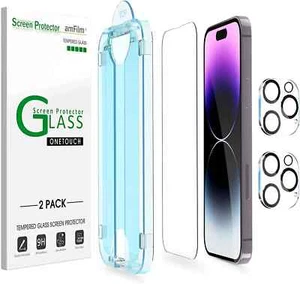 (2+2 pack) amFilm iPhone 14 Pro OneTouch Tempered Glass Screen & Lens Protector - Picture 1 of 6