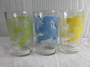 Vintage Jelly Jar Juice Glass Davy Crockett 3x Green Blue Yellow Drinking Glass - Picture 1 of 11