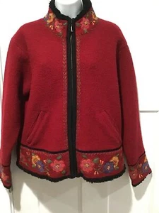 Icelandic Design  Red Floral Zipper Cardigan Sweater Jacket Boiled Wool Nordic M - Picture 1 of 8