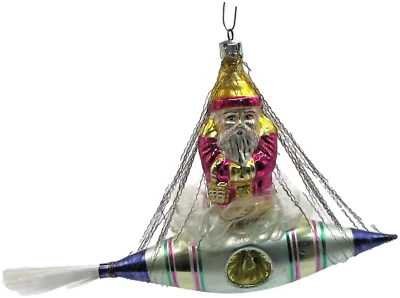 Christopher Radko Pink Santa In Space Blue Silver Rocket Christmas Tree Ornament - Imagem 1 de 4