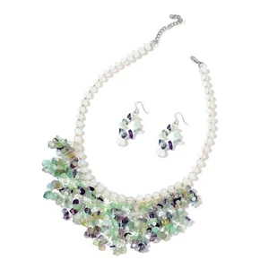 Fluorite Opalite Silvertone Earrings & Bib Necklace (18") TGW 563cts New #JN1080 - Picture 1 of 4