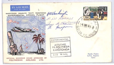 Cubierta de correo aéreo COOK ISLANDS VUELO EXPERIMENTAL TAHITI ¿Pilotos? Firmado 1966 YS288 Foto 1 de 4