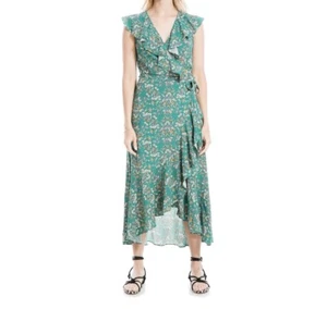 Max Studio Green Floral V Neck Sleeveless Ruffle Hem Wrap Women's Midi Dress M - Picture 1 of 12