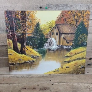 Pintura al óleo paisaje CAÍDA DORADA Mill Stream OTOÑO PAÍS arte de pared 20" X 16" - Imagen 1 de 10