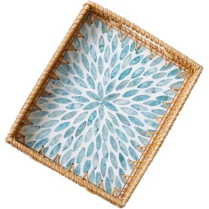 14 Inch Rectangular Rattan Woven Tray Basket with Light Blue MOP Wooden Base ... - Picture 1 of 5