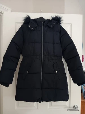 Black Padded Girls Coat Faux Fur Hood 11-12 Years F&F Love Outerwear - Image 1 of 4