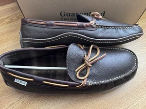 LL BEAN Handsewn Driving Moccasin Slippers Brown Sz 13M Flannel-lined Drk Soles - Picture 1 of 10