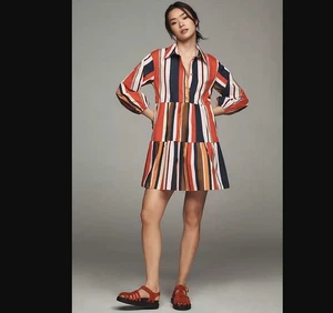New XL Anthropologie The Bettina tiered mini shirt dress by Maeve red stripe - Picture 1 of 12