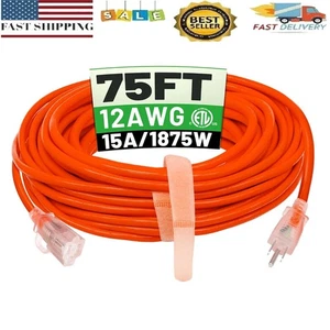 75 Ft 12/3 Outdoor Extension Cord Waterproof Heavy Duty w/Lighted Indicator End - Picture 1 of 9