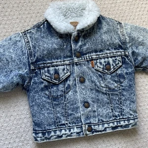 Vintage Little Levis Denim Sherpa Jacke 79030 Orange Tab Gr. 24 Monate Acid Wash USA - Bild 1 von 11