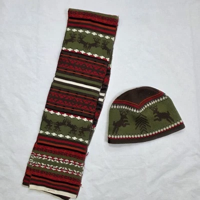 GAP Kids L/XL Fair Isle олень вязаная шляпа и шарф комплект зеленый красный коричневый праздник  - Изображение 1 из 4