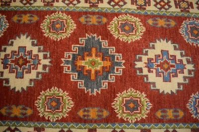 2 x 6'4 Super Kazak Geometric Handmade Oriental Carpet Vege Dye Wool Runner Rug - Image 1 of 4