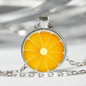 ORANGE SLICE FRUIT FLORIDA pendant 20" Sterling plated Silver 925 necklace GIFT - Picture 1 of 6