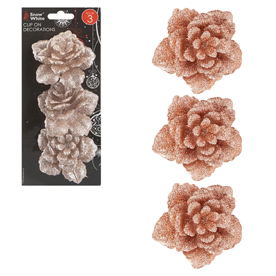 Set of 3 Glitter Rose Flowers with Clip Christmas Tree Decorations - Rose Gold - Image 1 of 1