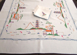 Vintage White Linen Table Topper with Embroidered Japanese Landscape & 4 Napkins