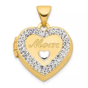 14K Yellow Gold w/ White Rhodium Crystal 16mm MOM Heart Locket Pendant - Picture 1 of 5