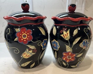 Juego de 2 tarros de galletas Susan Winget botes con tapas florales sobre negro vintage - Imagen 1 de 12