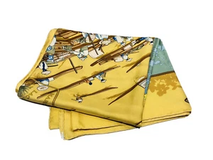 HERMES “ Marche Flottant du Lac Inle” Dimitri Rybaltchenko Yellow Silk Scarf - Picture 1 of 7