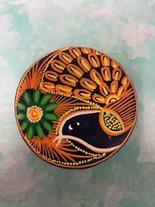 Mexican Trinket Round Box Ceramic Pottery Folk Art With Bird Mexico 2.5” Wide - Picture 1 of 4
