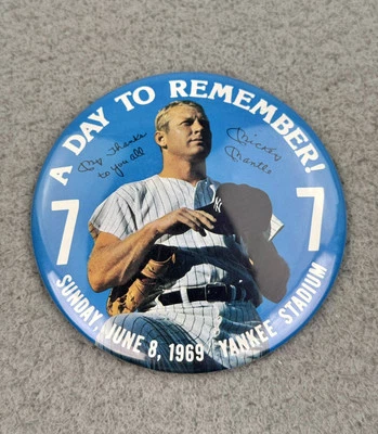 1969 Mickey Mantle Day to Remember Retirement Ceremony Button Pin Yankees 4" - Image 1 of 4