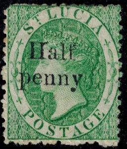 St. Lucia 1863 SG 9 I I ALF PENNY on 6d Emerald Green w/Upright WMK MOG CV L120 - Picture 1 of 2