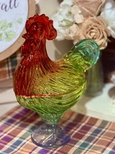 Crystal Rooster  Hen Candy Dish-Jar, Etched, Multicolor, 9x11.5”No Damage - Picture 1 of 9