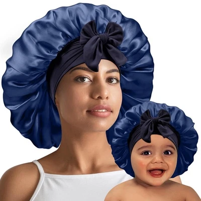 2 PCS Mommy, Me Bonnet Set, Dark Blue, Silk, Satin, Tie Band, Adjustable - Image 1 of 4