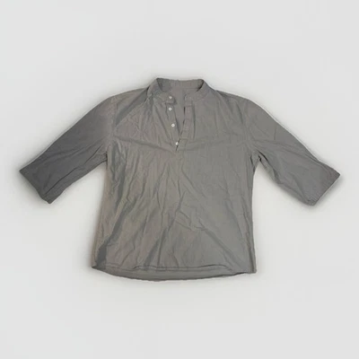 Men's Gray Cotton-Linen Blend Collarless Button-Neck Shirt Size L 3/4 Sleeve - Image 1 of 4