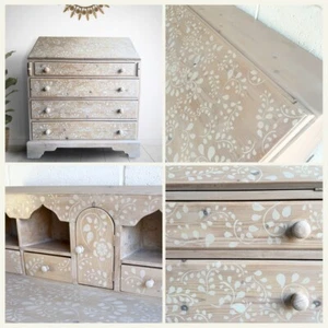 Professionally Refinished Pine Drop Front Bureau, Desk, Bone Inlay Inspired - Picture 1 of 13