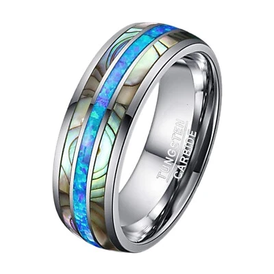 Anillo de compromiso de boda de 8 mm para hombre de tungsteno azul ópalo concha de abulón talla 6-14 Foto 1 de 4