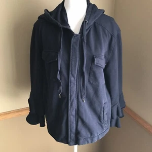 Sanctuary Hooded Zip Up Sweatshirt Utility Jacket w Ruffle Sleeves Navy Sz Small - Picture 1 of 8
