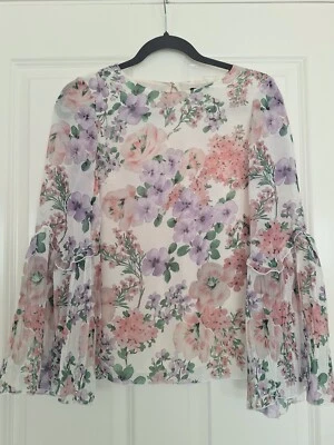 MASSIMO DUTTI Floral Blouse Bell Sleeve Shirt Ruffle Top White Pink Purple Sz 2 - Image 1 of 4