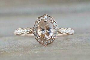 2Ct Oval Simulated Morganite Halo Womens Engagement Ring 14K Rose Gold Plated