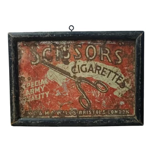 1930's Old Vintage Scissors Cigarette Tin Sign Board With Wood Frame , London - Picture 1 of 8