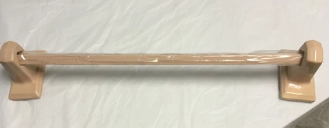 1950's NEW OLD STOCK  Bathroom  Towel Bar Porcelain Ends Wood Bar PEACH 26" Cover