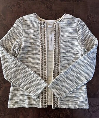 NWT Chico’s Cardigan Ivory & Blue Tweed Sequin Trim Chico's size 1 or size M - Изображение 1 из 4
