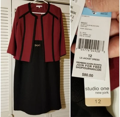 NWT Studio One 2-Piece Size 12 Jacket Dress Suit Pink Black Polyester Spandex - Image 1 of 4