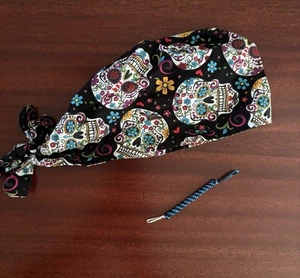 Men/Women Lined Surgical Scrub Cap Hat With Matching Key Fob/Lanyard Sugar Skull - Picture 1 of 5