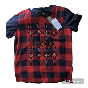 NUEVO CON ETIQUETAS J Crew Azul Marino Rojo XS Cuadros Lentejuelas Cuentas Manga Corta Camisa Top  - Imagen 1 de 10