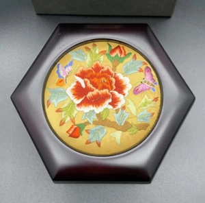 NIB Asian Korean 5 1/2" Jewelry Box Wood + Hand Silk Embroidered Yellow $69 - Picture 1 of 8