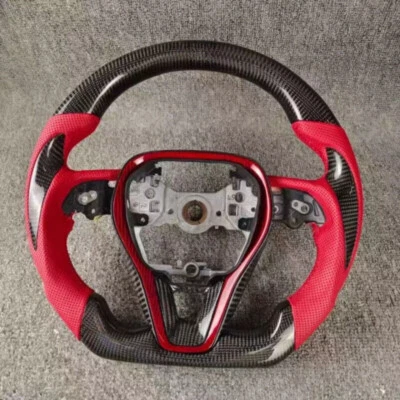 Volante de couro vermelho fibra de carbono real para Toyota Corolla RAV4 2018-2023 - Imagem 1 de 4
