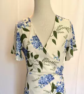 Midi Wrap Dress / Ivory, Green, Blue / Floral, V Neck, Side Slit, Flutter Sleeve - Picture 1 of 6