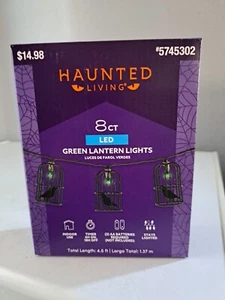 Haunted Living LED 8 ct 2,5" Metall Laterne Krähe grün Lichterkette Batterie Timer - Bild 1 von 4