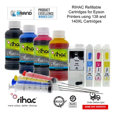 Rihac Epson 138 140 Refillable ink Cartridge kit WF-630 840 7510 7520 3520 3540 - Image 1 of 3