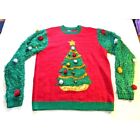 Ugly Holiday Sweater Xl Christmas Tree Pom Poms Sequins Fuzzy Sleeves Red Green