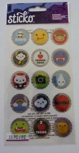 STICKO BOTTLE CAP & WORD ICON STICKERS 15 PC.- MONKEY- RAINBOW-SUNSHINE-KITTY - Picture 1 of 1
