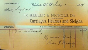 Keeler & Nichols Carruajes Fríos Trineos Membrete 1884 Rochester NY - Imagen 1 de 1